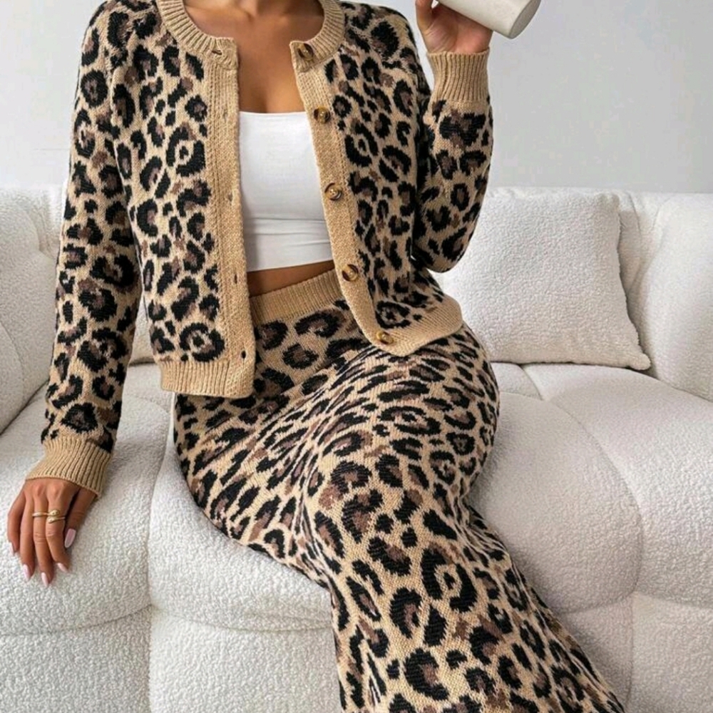 2pcs/Set Women's Fashion Leopard Print Casual Loose Outfits, Autumn - Picture 2 of 6